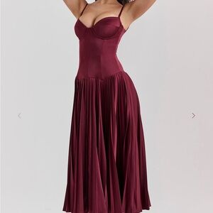 Wine Burgundy Pleated Midi Dress